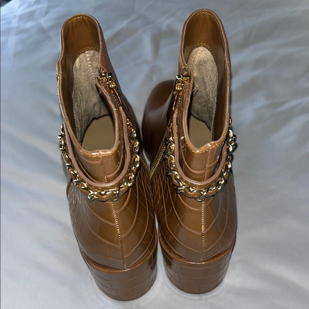 Michael Kors Alane Chestnut Brown Croc Embossed Leather Ankle Boots - Picture 7 of 15